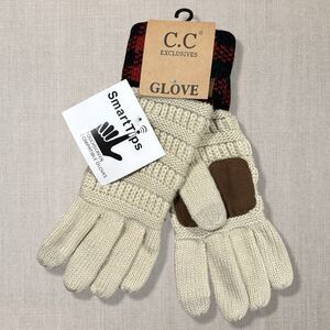 C.C. Exclusives Cream Knit Gloves Buffalo Plaid Cuff Touchscreen Smart Tips